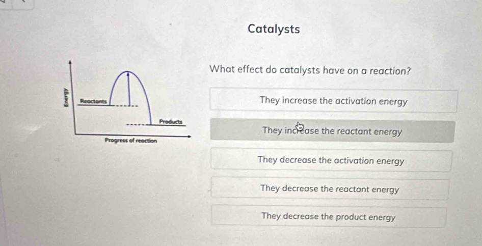 Catalysts
What effect do catalysts have on a reaction?
Reactants They increase the activation energy
Products
They increase the reactant energy
Progress of reaction
They decrease the activation energy
They decrease the reactant energy
They decrease the product energy