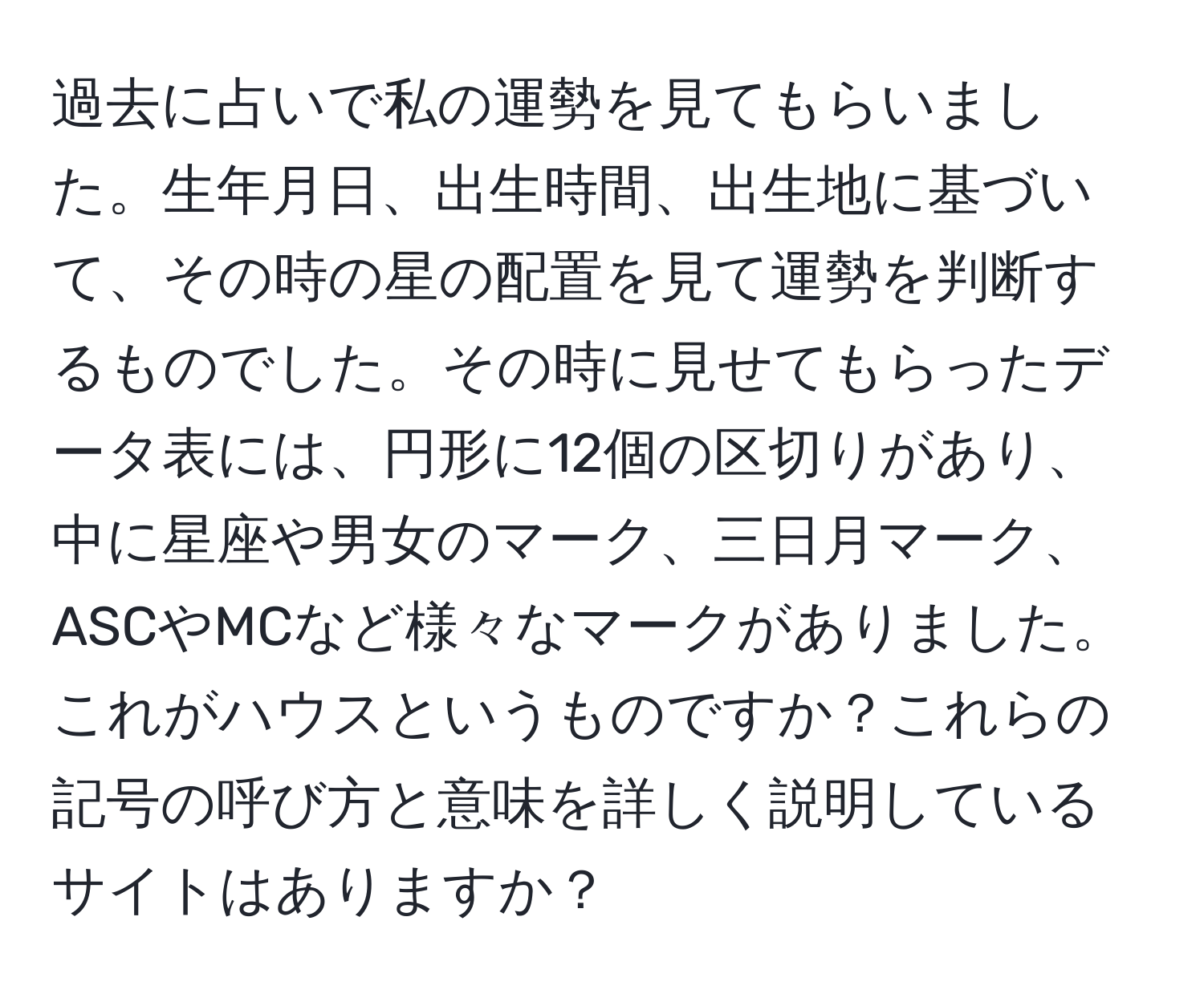 過去に占いで私の運勢を見てもらいました。生年月日、出生時間、出生地に基づいて、その時の星の配置を見て運勢を判断するものでした。その時に見せてもらったデータ表には、円形に12個の区切りがあり、中に星座や男女のマーク、三日月マーク、ASCやMCなど様々なマークがありました。これがハウスというものですか？これらの記号の呼び方と意味を詳しく説明しているサイトはありますか？