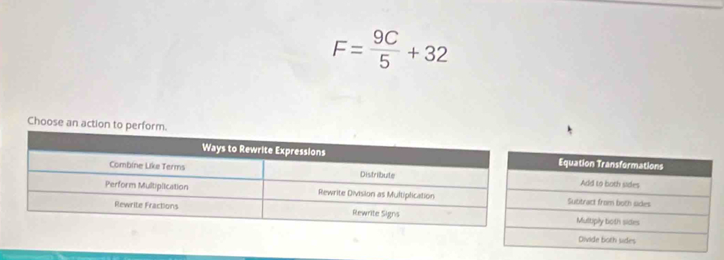 F= 9C/5 +32
Choose an action to