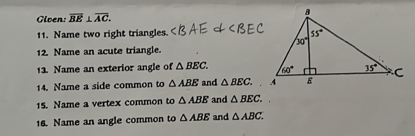 Given: overline BE⊥ overline AC.
11. Name two right triangles. 
12. Name an acute triangle.
13. Name an exterior angle of △ BEC.
14. Name a side common to △ ABE and △ BEC.
15. Name a vertex common to △ ABE and △ BEC.
16. Name an angle common to △ ABE and △ ABC.