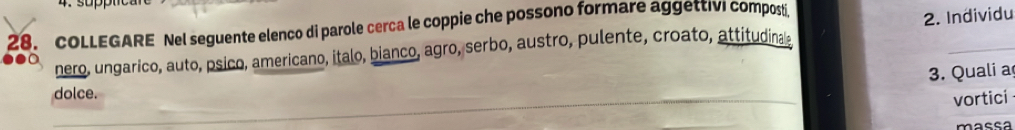 cOLLEGARE Nel seguente elenco di parole cerca le coppie che possono formare aggettivi composti 
nero, ungarico, auto, psico, americano, italo, bianco, agro, serbo, austro, pulente, croato, attitudinas 2. Individu 
3. Quali a 
dolce. 
vortici