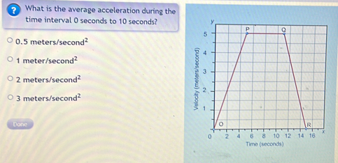 What is the average acceleration during the
time interval 0 seconds to 10 seconds?
0.5 meters/ sec ond^2
1 meter /sec ond^2
2 n eters/sec ond^2
3 meters/sec ond^2
Done