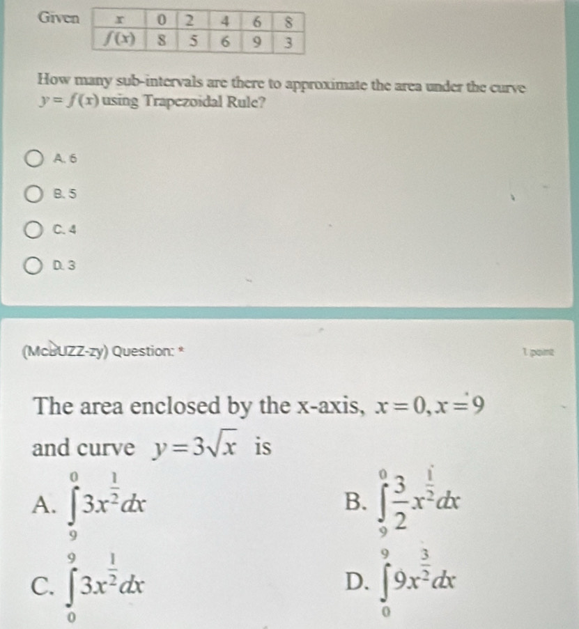 Give
How many sub-intervals are there to approximate the area under the curve
y=f(x) using Trapezoidal Rule?
A. 6
B. 5
C. 4
D. 3
(McBUZZ-zy) Question: * 1 pant
The area enclosed by the x-axis, x=0,x=9
and curve y=3sqrt(x) is
A. ∈tlimits _9^(03x^frac 1)2dx ∈tlimits _9^(0frac 3)2x^(frac 1)2dx
B.
C. ∈tlimits _0^(93x^frac 1)2dx ∈tlimits _0^(99x^frac 3)2dx
D.