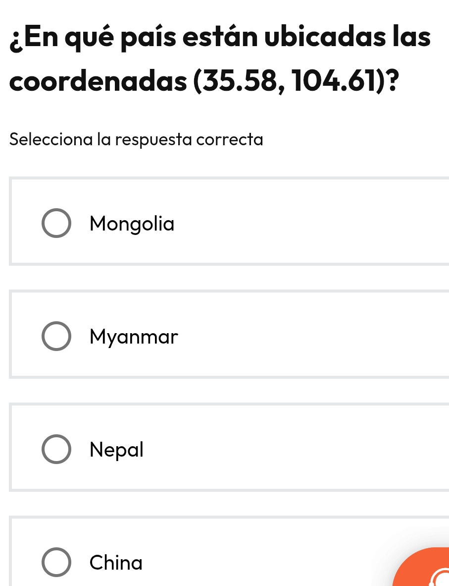 Resuelto:¿En qué país están ubicadas las coordenadas (35.58, 104.61 ...