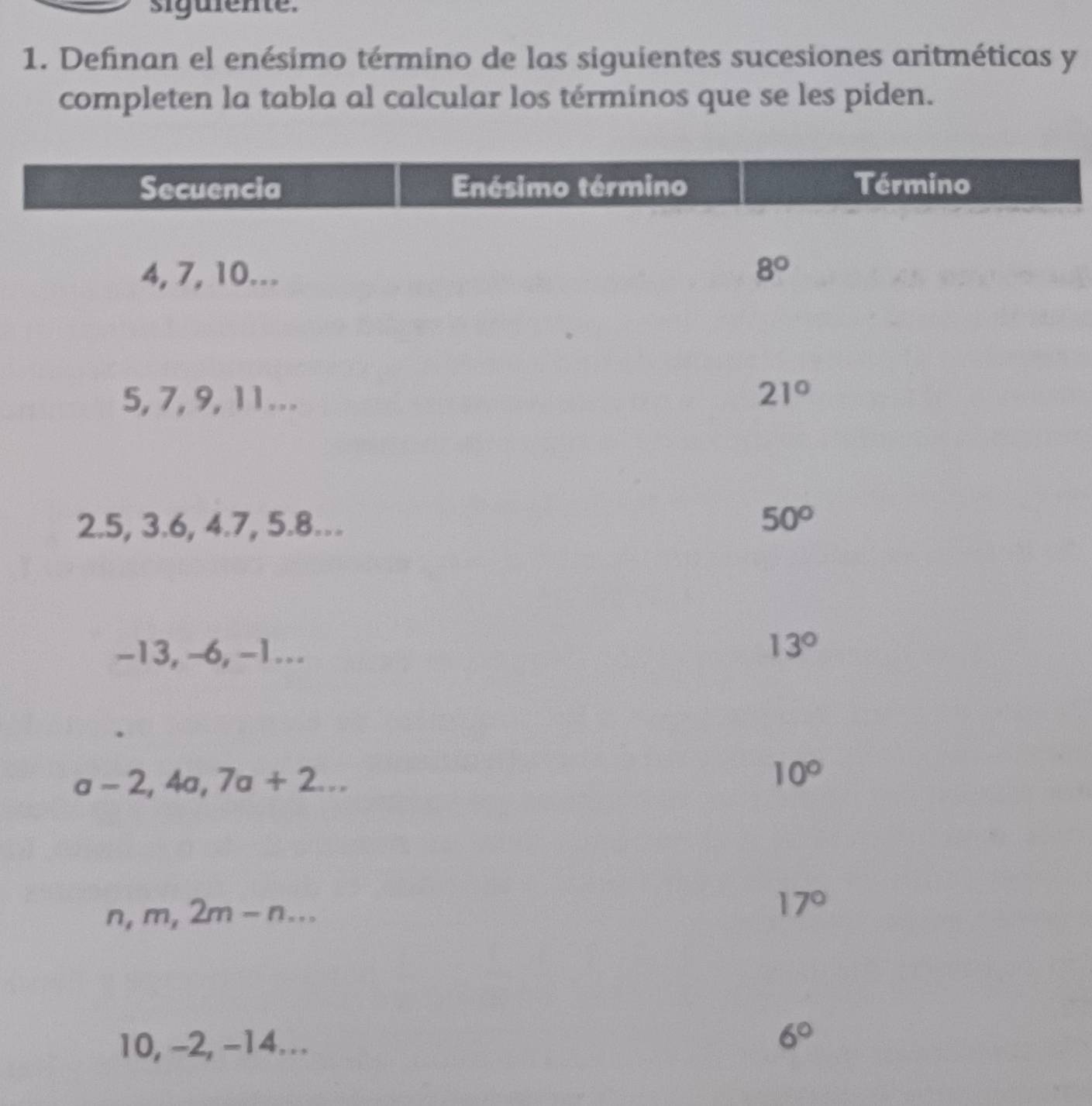 siguiente.
1. Definan el enésimo término de las siguientes sucesiones aritméticas y
completen la tabla al calcular los términos que se les piden.