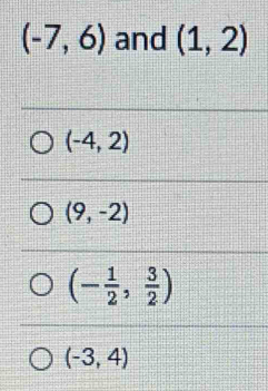 (-7,6) and (1,2)
(-4,2)
(9,-2)
(- 1/2 , 3/2 )
(-3,4)