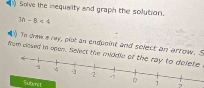 Solve the inequality and graph the solution.
3h-8<4</tex> 
To draw a ray, plot an endpoint and select an arrow. S 
from closed to open. Select the middle of the ray to delete 
Submit
2