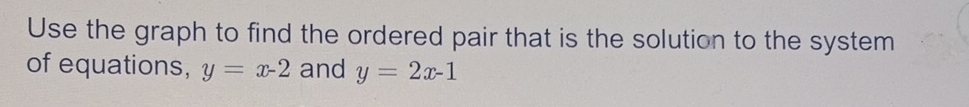 Use the graph to find the ordered pair that is the solution to the system
of equations, y=x-2 and y=2x-1