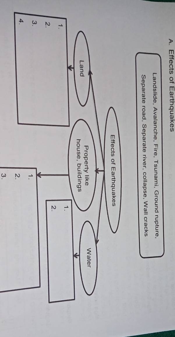 Effects of Earthquakes 
Landslide, Avalanche, Fire, Tsunami, Ground rupture, 
Separate road, Separate river, collapse, Wall cracks 
3.