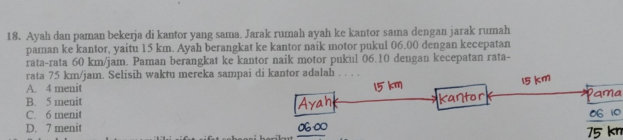 Ayah dan paman bekerja di kantor yang sama. Jarak rumah ayah ke kantor sama dengan jarak rumah
paman ke kantor, yaitu 15 km. Ayah berangkat ke kantor naik motor pukul 06.00 dengan kecepatan
räta-rata 60 km/jam. Paman berangkat ke kantor naik motor pukul 06.10 dengan kecepatan rata-
rata 75 km/jam. Selisih waktu mereka sampai di kantor adalah . . . .
A. 4 menit
B. 5 menit
C. 6 menit
D. 7 menit