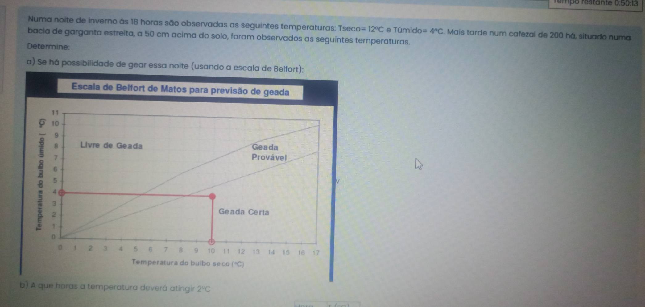 rempo restante 0:50:13
Numa noite de inverno ás 18 horas são observadas as seguintes temperaturas: Tse CO=12°C e Túmido =4°C. Mais tarde num cafezal de 200 há, situado numa
bacia de garganta estreita, a 50 cm acima do solo, foram observados as seguintes temperaturas.
Determine:
a) Se há possibilidade de gear essa noite (usando a escala de Belfort):
b) A que horas a temperatura deverá atingir 2°C