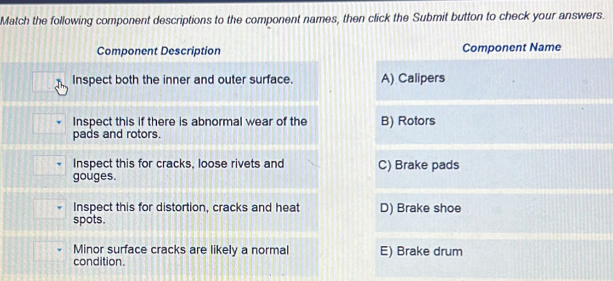 Match the following component descriptions to the component names, then click the Submit button to check your answers.
Component Description Component Name
Inspect both the inner and outer surface. A) Calipers
Inspect this if there is abnormal wear of the B) Rotors
pads and rotors.
Inspect this for cracks, loose rivets and C) Brake pads
gouges.
Inspect this for distortion, cracks and heat D) Brake shoe
spots.
Minor surface cracks are likely a normal E) Brake drum
condition.