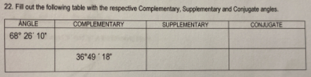 Fill out the following table with the respective Complementary, Supplementary and Conjugate angles.