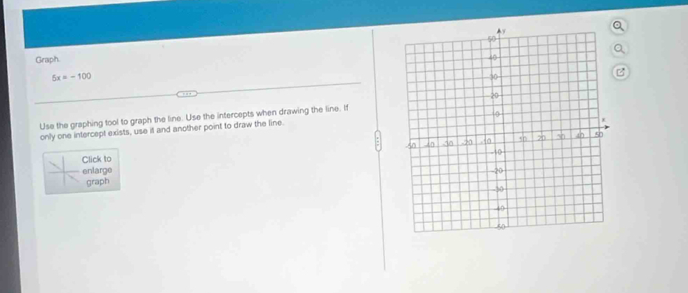 Graph.
5x=-100
Use the graphing tool to graph the line. Use the intercepts when drawing the line. If 
only one intercept exists, use it and another point to draw the line. 
Click to 
enlarge 
graph