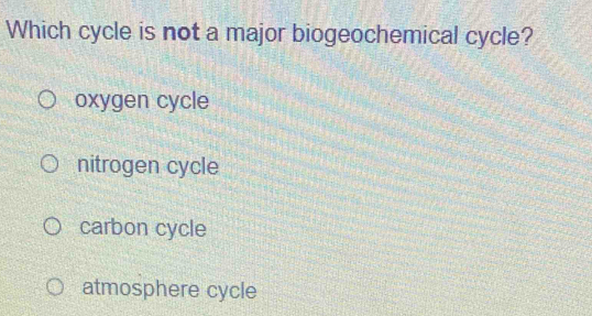 Solved: Which cycle is not a major biogeochemical cycle? oxygen cycle ...