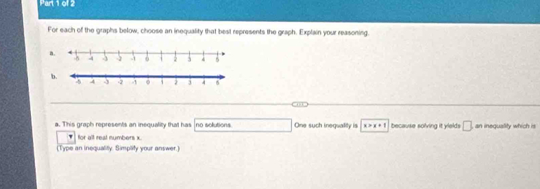 For each of the graphs below, choose an inequality that best represents the graph. Explain your reasoning.
a.
a. This graph represents an inequality that has no solutions One such inequality is x>x+1 because solving it yields □. an inequality which is
7 for all real numbers x.
(Type an inequality. Simplify your answer.)