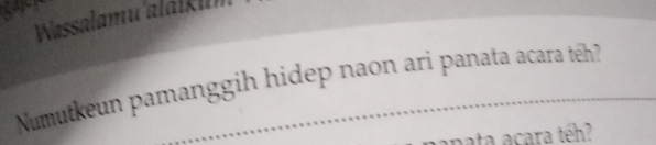 Wassalamu'alalkum 
Numutkeun pamanggih hidep naon ari panata acara téh? 
aapata açara téh?