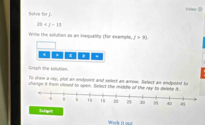 Video ⑥ 
Solve for j.
20
Write the solution as an inequality (for example, j>9). 
< s z - 
Graph the solution. 
To draw a ray, plot an endpoint and select an arrow. Select an endpoint to 
change it from closed to open. Select the middle of the ray 
Subeit 
Work it out