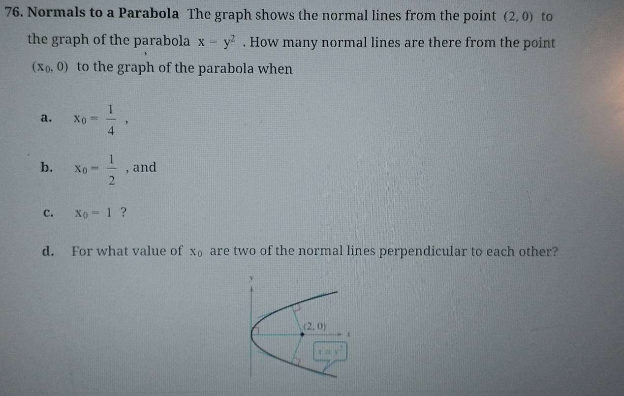 Normals to a Parabola The graph shows the normal lines from the point (2,0) to 
the graph of the parabola x=y^2. How many normal lines are there from the point
(x_0,0) to the graph of the parabola when 
a. x_0= 1/4 , 
b. x_0= 1/2  , and 
c. x_0=1 ? 
d. For what value of x_0 are two of the normal lines perpendicular to each other?
y
(2,0)
x
x=y^2