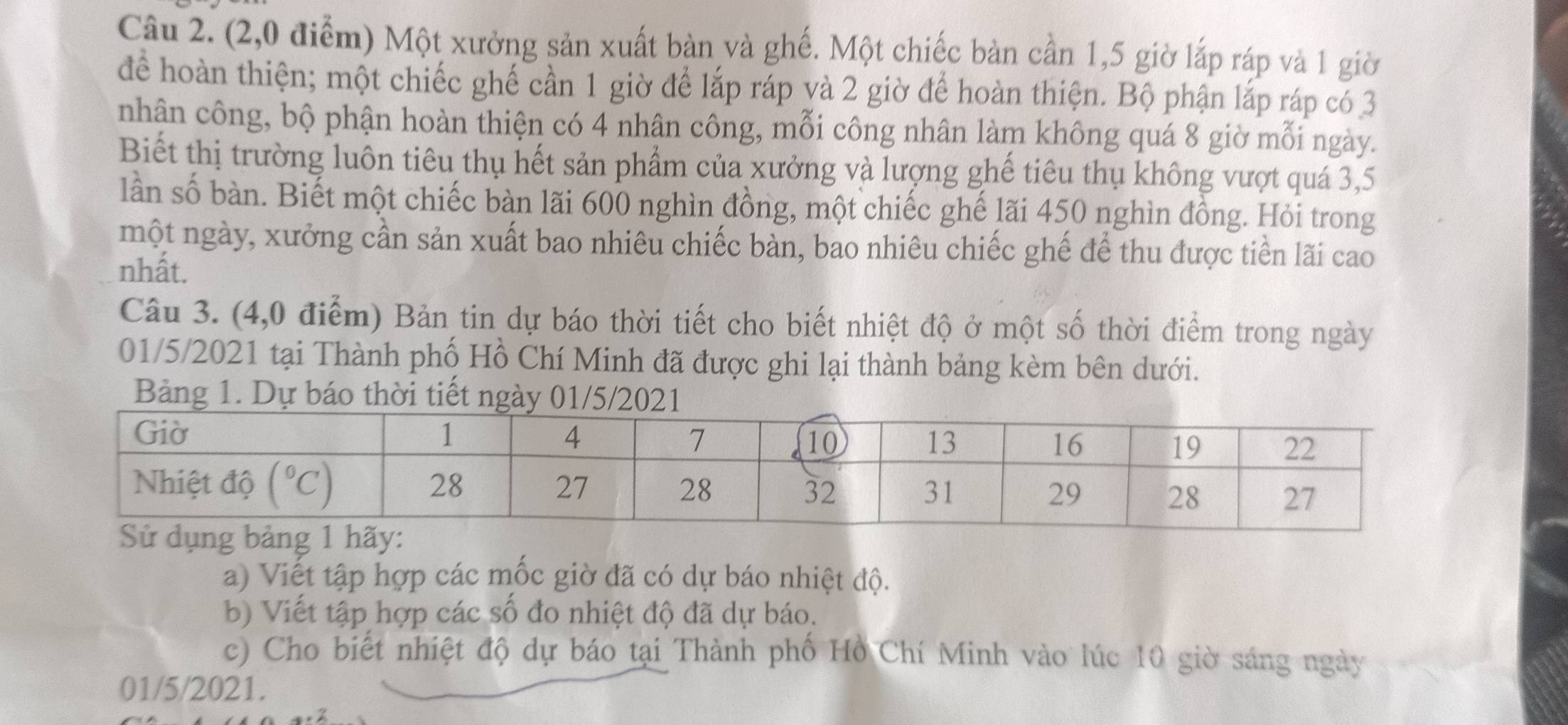 (2,0 điểm) Một xưởng sản xuất bàn và ghế. Một chiếc bàn cần 1,5 giờ lắp ráp và 1 giờ
để hoàn thiện; một chiếc ghế cần 1 giờ để lắp ráp yà 2 giờ để hoàn thiện. Bộ phận lắp ráp có 3
nhận công, bộ phận hoàn thiện có 4 nhân công, mỗi công nhân làm không quá 8 giờ mỗi ngày.
Biết thị trường luôn tiêu thụ hết sản phẩm của xưởng và lượng ghế tiêu thụ không vượt quá 3,5
lần số bàn. Biết một chiếc bàn lãi 600 nghìn đồng, một chiếc ghế lãi 450 nghìn đồng. Hỏi trong
một ngày, xưởng cần sản xuất bao nhiêu chiếc bàn, bao nhiêu chiếc ghế để thu được tiền lãi cao
nhất.
Câu 3. (4,0 điểm) Bản tin dự báo thời tiết cho biết nhiệt độ ở một số thời điểm trong ngày
01/5/2021 tại Thành phố Hồ Chí Minh đã được ghi lại thành bảng kèm bên dưới.
Bảng 1. Dự báo thời tiết 
a) Viết tập hợp các mốc giờ đã có dự báo nhiệt độ.
b) Viết tập hợp các số đo nhiệt độ đã dự báo.
c) Cho biết nhiệt độ dự báo tại Thành phố Hồ Chí Minh vào lúc 10 giờ sáng ngày
01/5/2021.