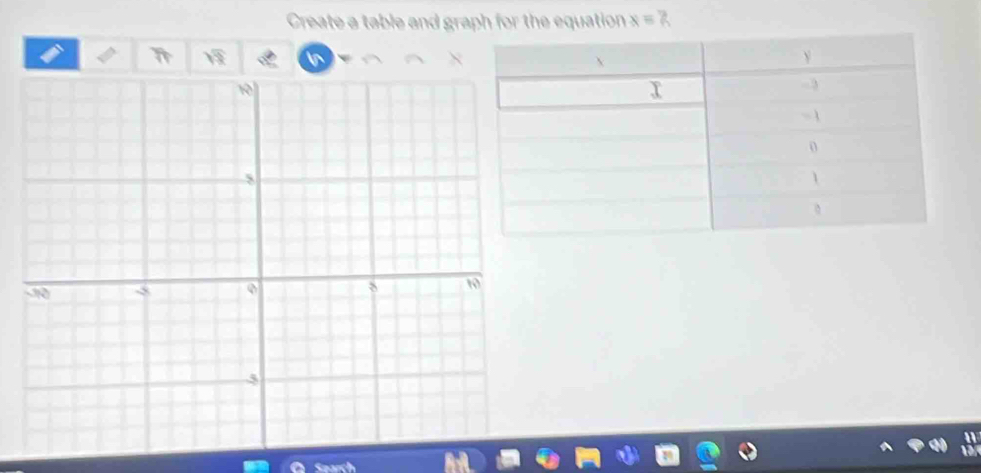 Create a table and graph for the equation x=