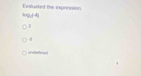 Evaluated the expression.
log _2(-4)
2
-2
undefined