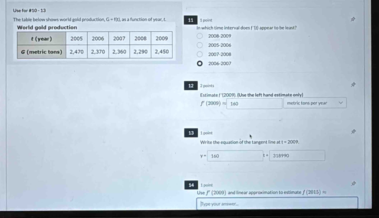 Use for #10 - 13
The table below shows world gold production, G=f(t) ), as a function of year, t. 11 1 point
World gold production In which time interval does f '(t) appear to be least?
2008-2009
2005-2006
2007-2008
2006-2007
12 2 points
Estimate f ' (2009). (Use the left hand estimate only)
f'(2009)approx 160 metric tons per year
13 1 point
Write the equation of the tangent line at t=2009.
y=160
t+318990
14 1 point
Use f' (2009) and linear approximation to estimate f1 (2015) ≈
|Type your answer...