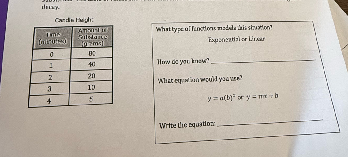 decay.
Candle Height
What type of functions models this situation?
Exponential or Linear
How do you know?_
What equation would you use?
y=a(b)^x or y=mx+b
Write the equation:
_