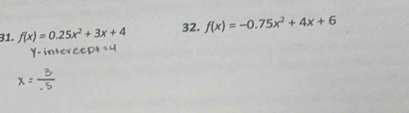 f(x)=0.25x^2+3x+4
32. f(x)=-0.75x^2+4x+6