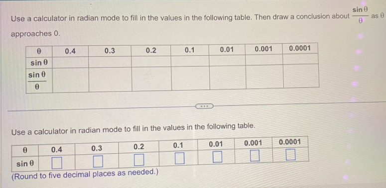 Use a calculator in radian mode to fill in the values in the following table. Then draw a conclusion about  sin θ /θ   asθ
approaches 0.
Use a calculator in radian mode to fill in the values in the following table.
(Round to five decimal places as n