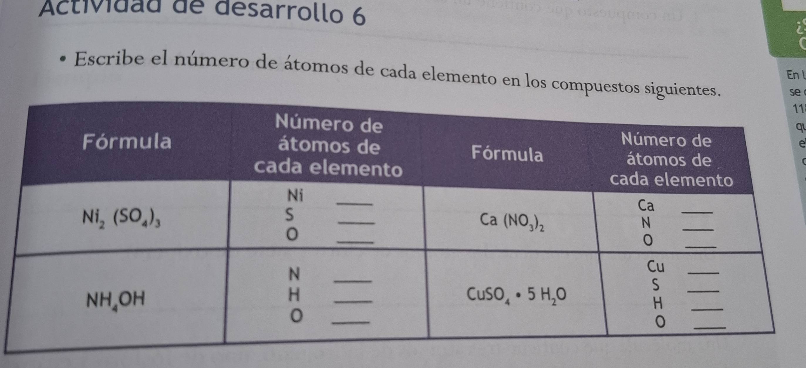 Actividad de desarrollo 6
Escribe el número de átomos de cada elemento en los compu
En l
e
11
q
e