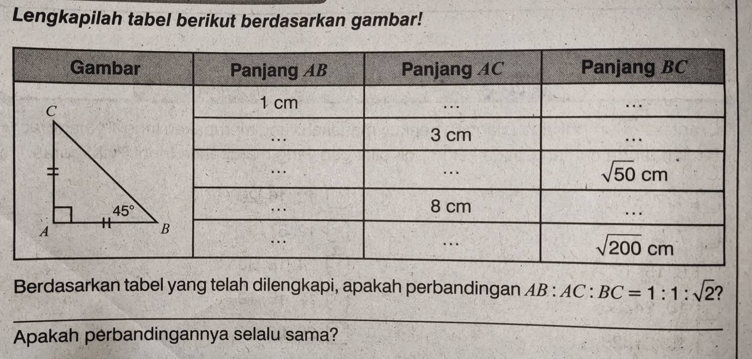 Lengkapilah tabel berikut berdasarkan gambar!
Berdasarkan tabel yang telah dilengkapi, apakah perbandingan AB:AC:BC=1:1:sqrt(2)
Apakah perbandingannya selalu sama?