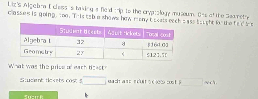 Liz's Algebra I class is taking a field trip to the cryptology museum. One of the Geometry 
classes is going, too. This table shows how many tickets eaass bought for the field trip. 
What was the price of each ticket? 
Student tickets cos t □ each and adult tickets cos t$□ each. 
Submit