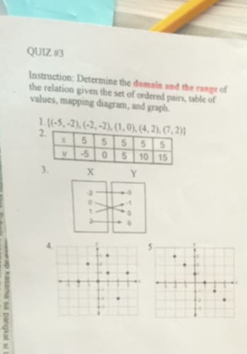 Instruction: Determine the domaln and the range of 
the relation given the set of ordered pairs, table of 
values, mapping diagram, and graph. 
1  (-5,-2),(-2,-2),(1,0),(4,2),(7,2)
3. 
4. 
g