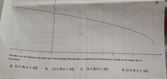 A. (x∈ R/x≤ 10) B.  x∈ R/x>10 C.  x∈ R/x<10 D. (x∈ R/x≥ 10)