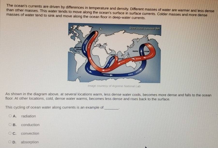 The ocean's currents are driven by differences in temperature and density. Different masses of water are warmer and less dense
than other masses. This water tends to move along the ocean's surface in surface currents. Colder masses and more dense
masses of water tend to sink and move along the ocean floor in deep-water currents.
Image courtesy of Argonne National Lab
As shown in the diagram above, at several locations warm, less dense water cools, becomes more dense and falls to the ocean
floor. At other locations, cold, dense water warms, becomes less dense and rises back to the surface.
This cycling of ocean water along currents is an example of _.
A. radiation
B. conduction
C. convection
D. absorption