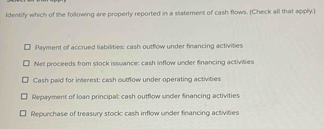 Identify which of the following are properly reported in a statement of cash flows. (Check all that apply.)
Payment of accrued liabilities: cash outflow under financing activities
Net proceeds from stock issuance: cash inflow under financing activities
Cash paid for interest: cash outflow under operating activities
Repayment of loan principal: cash outflow under financing activities
Repurchase of treasury stock: cash inflow under financing activities