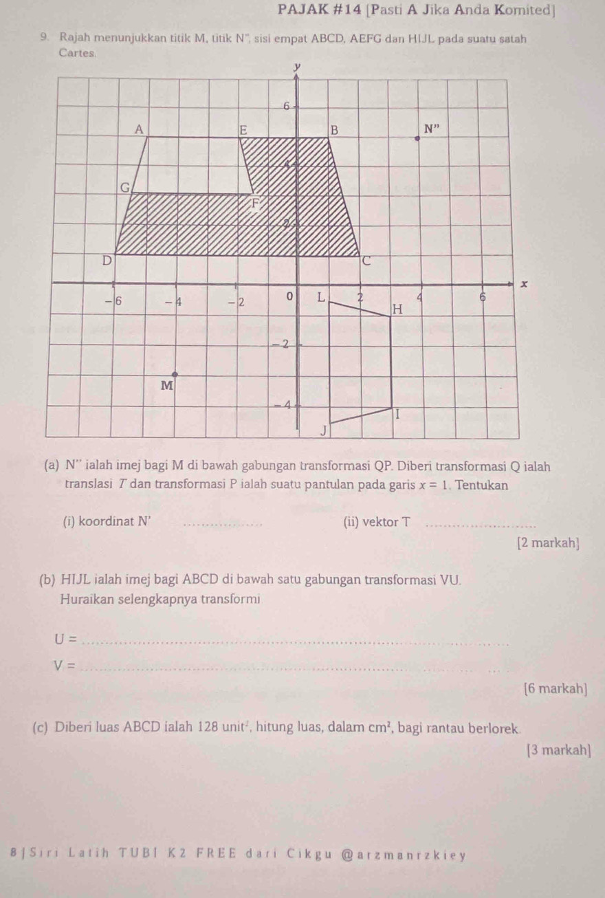 PAJAK #14 [Pasti A Jika Anda Komited]
9. Rajah menunjukkan titik M, titik N° sisi empat ABCD, AEFG dan HlJL pada suatu satah
Carte
(a) N'' ialah imej bagi M di bawah gabungan transformasi QP. Diberi transformasi Q ialah
translasi T dan transformasi P ialah suatu pantulan pada garis x=1. Tentukan
(i) koordinat N' _(ii) vektor T_
[2 markah]
(b) HIJL ialah imej bagi ABCD di bawah satu gabungan transformasi VU.
Huraikan selengkapnya transformi
_ U=
V= _
[6 markah]
(c) Diberi luas ABCD ialah 128unit^2 , hitung luas, dalam cm^2 , bagi rantau berlorek.
[3 markah]
8 j Siri Latih T U B I K 2 F R E E dari Cikgu @ arzmanr zkiey
