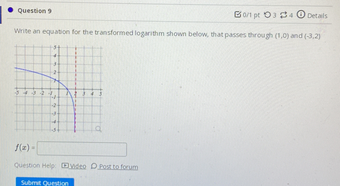 [0/1 pt つ3 4 ⓘDetails 
Write an equation for the transformed logarithm shown below, that passes through (1,0) and (-3,2)
f(x)=□
Question Help: Video D Post to forum 
Submit Question