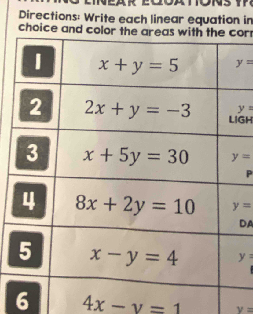 Directions: Write each linear equation in
choice orr
y=
y=
GH
y=
P
y=
DA
y=
6
4x-y=1
y=