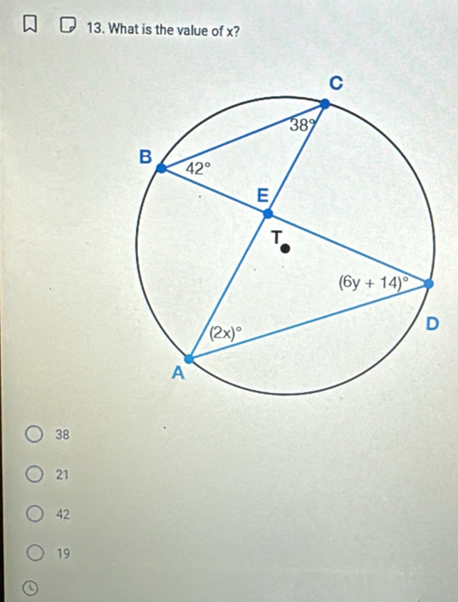 What is the value of x?
38
21
42
19