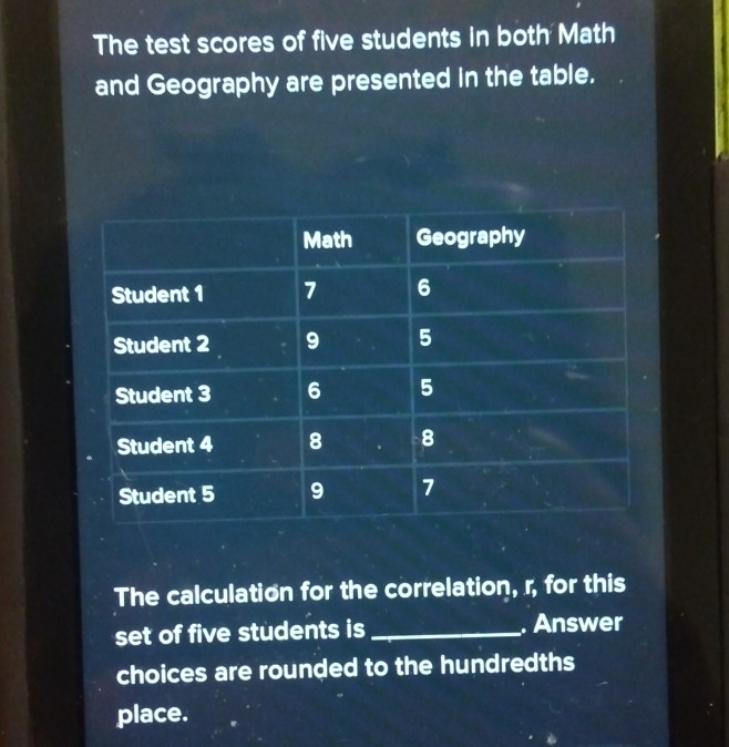 The test scores of five students in both Math 
and Geography are presented in the table. 
The calculation for the correlation, r, for this 
set of five students is _. Answer 
choices are rounded to the hundredths 
place.