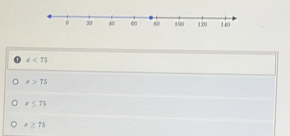 x<75</tex>
x>75
x≤ 75
x≥ 75