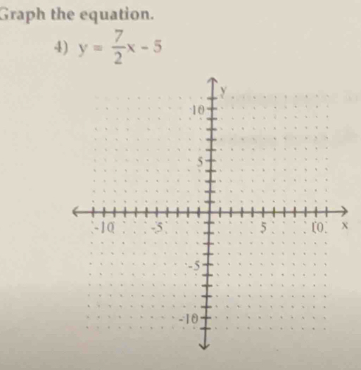 Graph the equation. 
4) y= 7/2 x-5