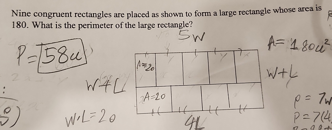 Nine congruent rectangles are placed as shown to form a large rectangle whose area is
180. What is the perimeter of the large rectangle?