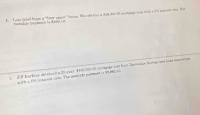 Lois Isbel buys a "fixer upper" house. She obtains a $46,000.00 mortgage loan with a 5% interest rate. Ho 
monthly payment is $269.10. 
3. Jill Barkley obtained a 25-year, $460,000.00 mortgage loan from University Savings and Lean Assewiation 
with a 6% interest rate. The monthly payment is $2,962.40.