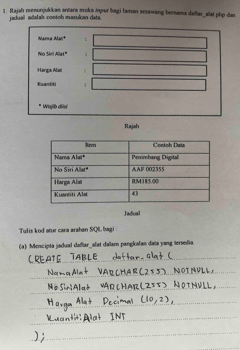 Rajah menunjukkan antara muka input bagi laman sesawang bernama daftar_alat. php dan 
jadual adalah contoh masukan data. 
Nama Alat* : 
No Siri Alat* : 
Harga Alat : 
Kuantiti : 
Wajib diisi 
Rajah 
Jadual 
Tulis kod atur cara arahan SQL bagi : 
(a) Mencipta jadual daftar_alat dalam pangkalan data yang tersedia.