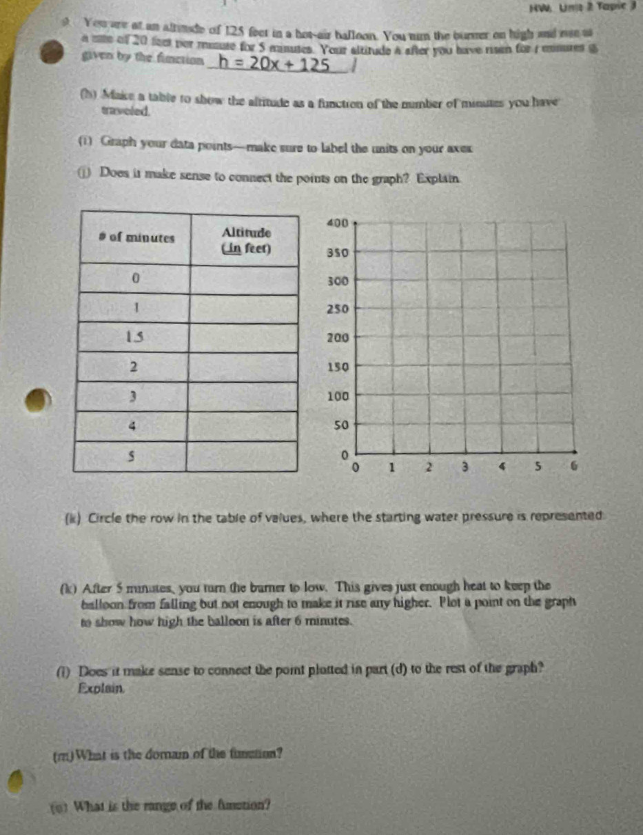 HW, Uime 2 Tapie 3 
9 You are at an altinade of 125 feet in a hot-air balloon. You num the burner on high and rae a 
a site of 20 fee per musute for $ manutes. Your altitude a after you have risem for r emmues $ 
given by the fimction h=20x+125
(h) Make a table to show the altitude as a function of the number of minutes you have 
traveled. 
(1) Graph your data points—make sure to label the units on your axex 
① Does it make sense to connect the points on the graph? Explain 
(k) Circle the row in the table of values, where the starting water pressure is represented 
(k) After 5 minutes, you turn the burner to low. This gives just enough heat to keep the 
balloon from falling but not enough to make it rise any higher. Plot a point on the graph 
to show how high the balloon is after 6 minutes. 
(1) Does it make sense to connect the point plotted in part (d) to the rest of the graph? 
Explain. 
(m)What is the doman of the fimution? 
() What is the range of the funetion?