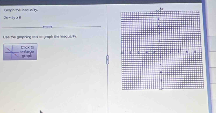 Graph the inequality
2x-4y≥ 8
Use the graphing tool to graph the inequality. 
Click to 
enlarge 
graph