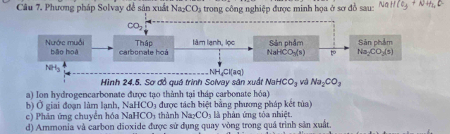 Phương pháp Solvay đề sản xuất Na_2CO_3 trong công nghiệp được minh họa ở sơ đồ sau:
Hình 24.5. Sơ đồ quá trình Solvay sản xuất
a) Ion hydrogencarbonate được tạo thành tại tháp carbonate hóa)
b) Ở giai đoạn làm lạnh, N aHCO_3 được tách biệt bằng phương pháp kết tủa)
c) Phản ứng chuyển hóa NaHCO_3 thành Na_2CO_3 là phản ứng tỏa nhiệt.
d) Ammonia và carbon dioxide được sử dụng quay vòng trong quá trình sản xuất.